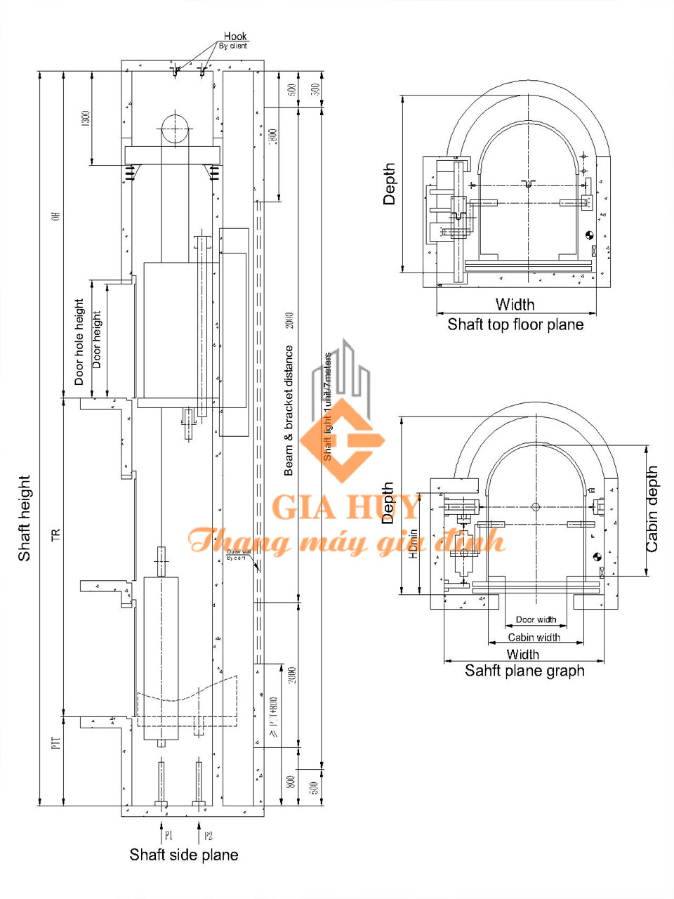 Bản vẽ kích thước thang máy Fuji